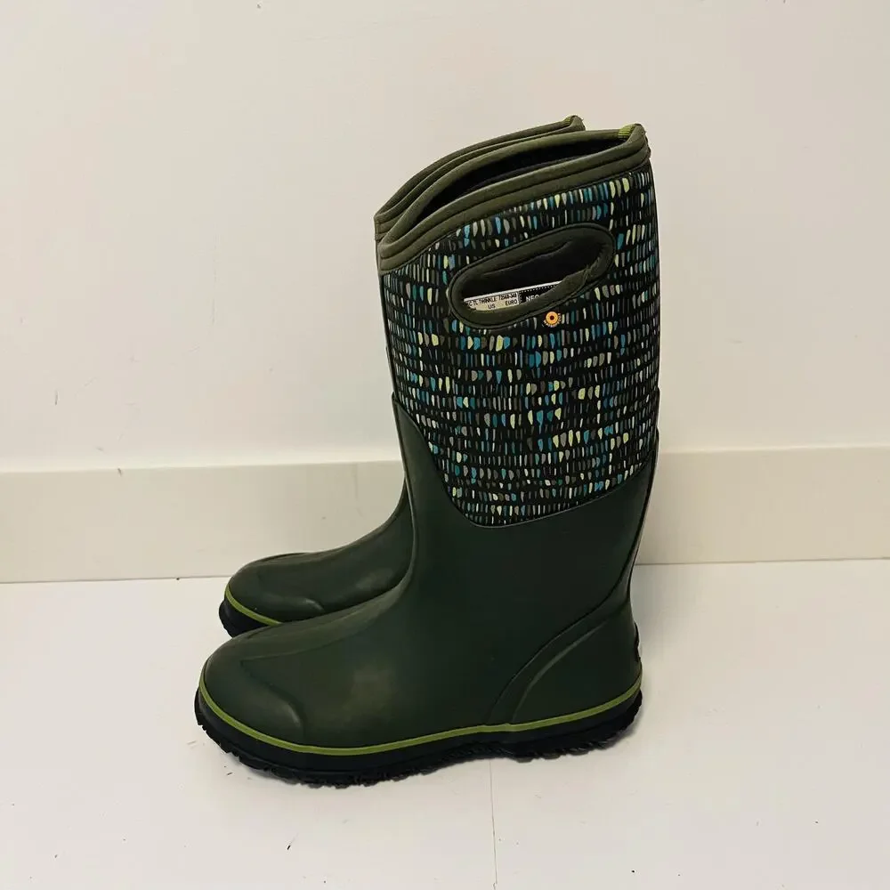 Bogs Boots Womens 8 Green Rubber Twinkle Neo Mid Calf Rain Shoes Waterproof